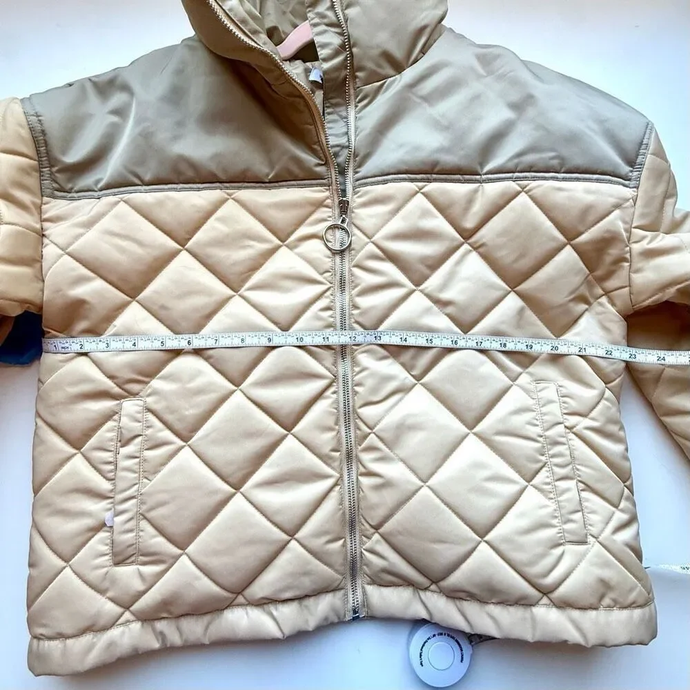 NWT WeWoreWhat Color Blocked Quilted Puffer Jacket in a muted sage/beige colorwa